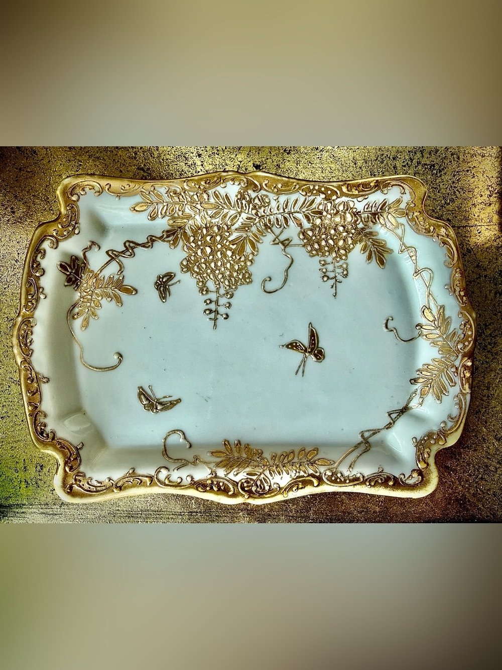 Antique Hand Painted TS Nippon Porcelain Vanity Tray Gold Moriage Wisteria Japan